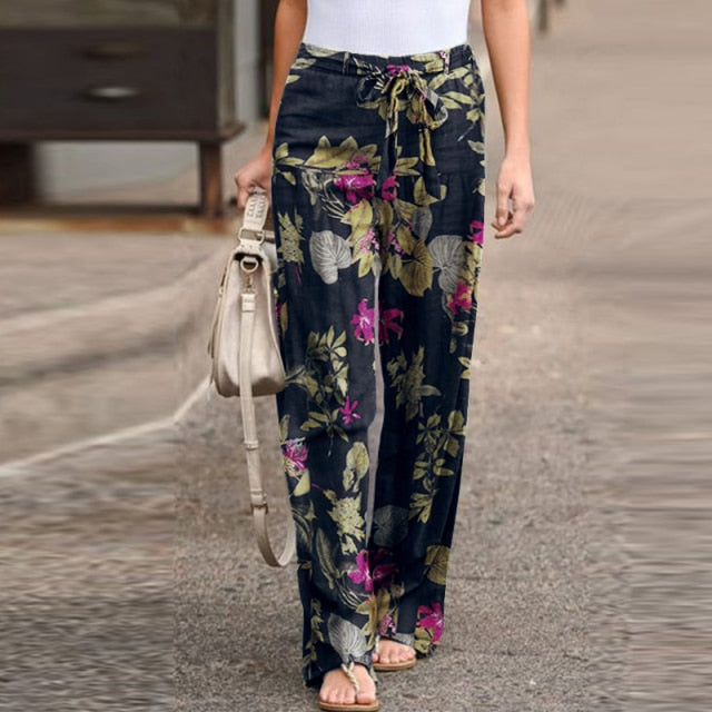 Women's Spring Long Pants with floral print and wide-leg cut, designed for comfort and style.