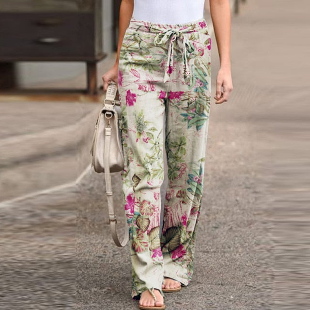 Women's Spring Long Pants with floral print and wide-leg cut, designed for comfort and style.