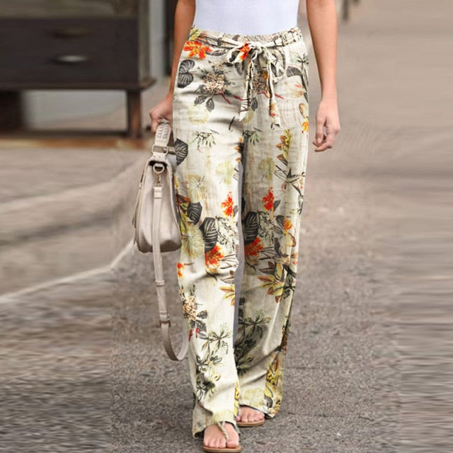 Women's Spring Long Pants with floral print and wide-leg cut, designed for comfort and style.