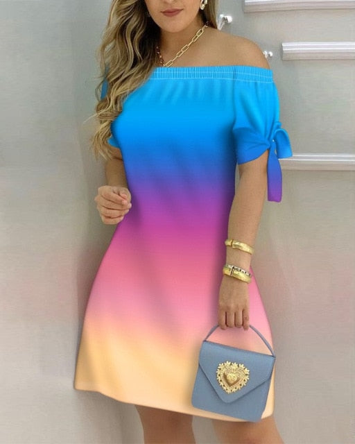 Stylish and comfortable Off-Shoulder Spring Mini Dress, made from polyester, perfect for casual meetings or special events, easily paired with accessories and various footwear